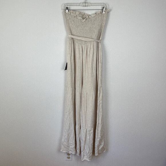 Lulu's NEW Effective Charm Beige Linen Strapless Jumpsuit Large Boho neutrals - Picture 7 of 10